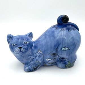 Vintage Ceramic Blue Hand Painted Kitty Cat Piggy Bank